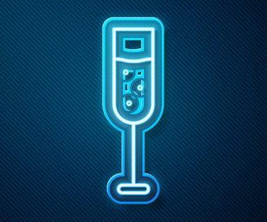 Parlayan neon hattı mavi arka planda izole edilmiş şampanya ikonu. Vektör İllüstrasyonu