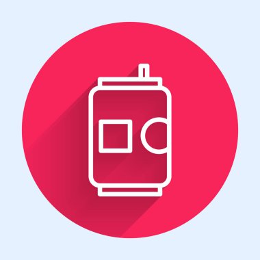 Beyaz çizgi bira uzun gölgeli izole bir ikon olabilir. Kırmızı daire düğmesi. Vektör İllüstrasyonu