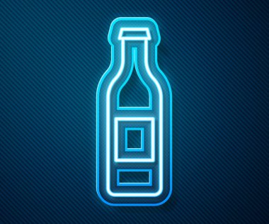Parlayan neon hattı bira şişesi ikonu mavi arka planda izole edildi. Vektör İllüstrasyonu