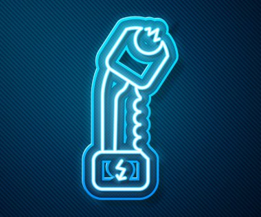 Parlayan neon hattı polis elektrik şoku ikonu mavi arka planda izole edildi. Korunma için şok edici. Şok tabancası elektrikli bir silahtır. Vektör İllüstrasyonu