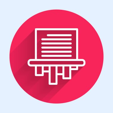 Beyaz çizgi Kağıt Parçalayıcı gizli ve özel belge bürosu bilgi koruma ikonu uzun gölgeli izole. Kırmızı daire düğmesi. Vektör İllüstrasyonu