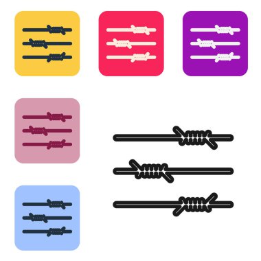 Siyah çizgi dikenli tel ikonu beyaz arkaplanda izole edildi. Renkli kare düğmelerle simgeleri ayarla. Vektör İllüstrasyonu