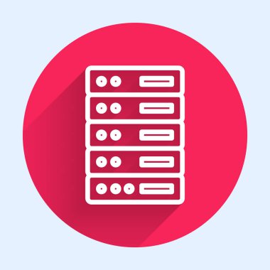 Beyaz çizgi sunucusu, Data, Web sunucu simgesi uzun gölgeli izole edildi. Kırmızı daire düğmesi. Vektör İllüstrasyonu