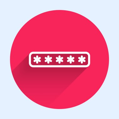 Beyaz çizgi şifre koruması ve uzun gölgeli güvenlik erişim simgesi. Güvenlik, güvenlik, koruma, gizlilik kavramı. Kırmızı daire düğmesi. Vektör İllüstrasyonu