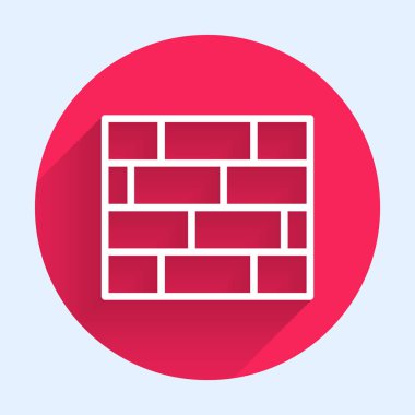 Beyaz çizgi Tuğlaları simgesi uzun gölgelerle izole edildi. Kırmızı daire düğmesi. Vektör İllüstrasyonu