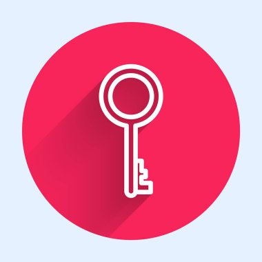 Beyaz çizgi Eski anahtar simgesi uzun gölgeli izole edilmiş. Kırmızı daire düğmesi. Vektör İllüstrasyonu