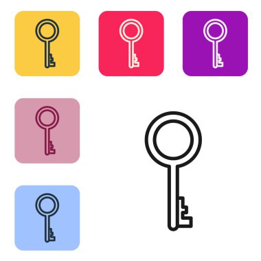 Siyah çizgi Beyaz arkaplanda izole edilmiş eski anahtar simgesi. Renkli kare düğmelerle simgeleri ayarla. Vektör İllüstrasyonu