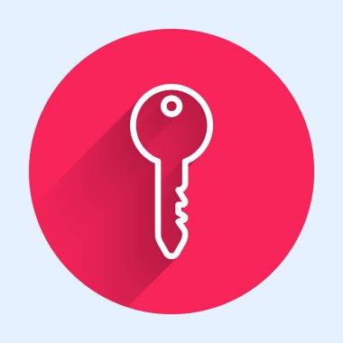 Beyaz çizgi anahtar simgesi uzun gölgeyle izole edildi. Kırmızı daire düğmesi. Vektör İllüstrasyonu