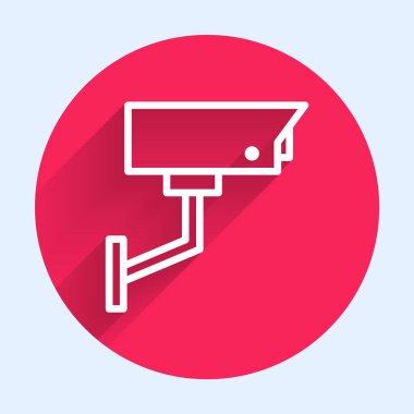 Beyaz çizgi güvenlik kamerası ikonu uzun gölgeli izole edildi. Kırmızı daire düğmesi. Vektör İllüstrasyonu