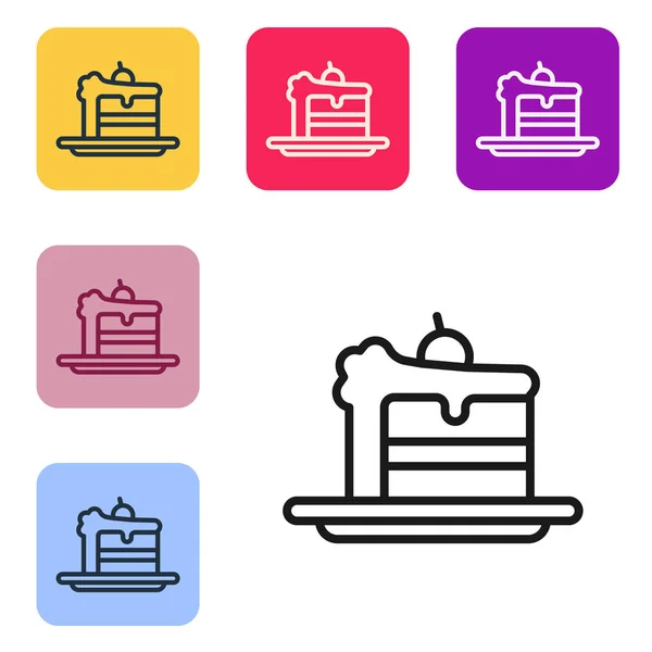Black Line Cake Icon Isolated White Background Happy Birthday Set — Stock Vector
