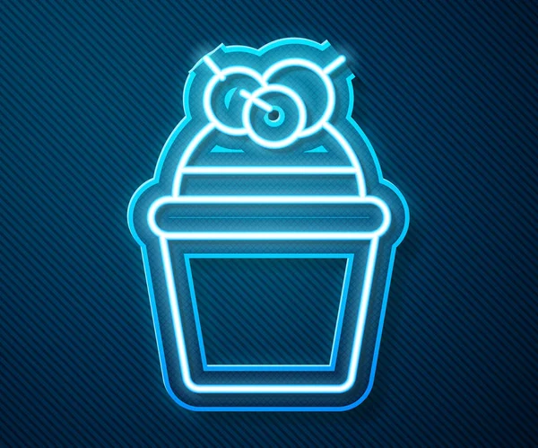 Gloeiende Neon Lijn Cake Icoon Geïsoleerd Blauwe Achtergrond Gefeliciteerd Met — Stockvector