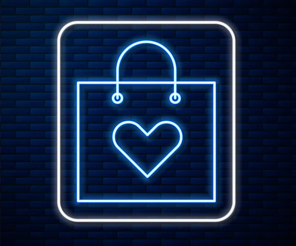 Leuchtende Neonfarbene Einkaufstasche Mit Herz Symbol Isoliert Auf Backsteinwand Hintergrund — Stockvektor