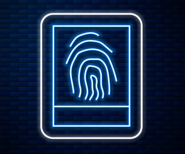 Leuchtende Leuchtschrift Fingerabdruck Symbol Isoliert Auf Backsteinwand Hintergrund App Symbol — Stockvektor