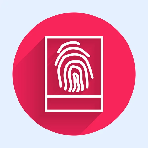 長い影で隔離された白い線指紋アイコン Idアプリのアイコン 身分証明書 タッチId 赤い丸ボタン ベクターイラスト — ストックベクタ