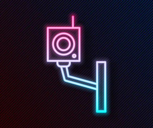 Glödande Neon Line Säkerhetskamera Ikon Isolerad Svart Bakgrund Vektor Illustration — Stock vektor