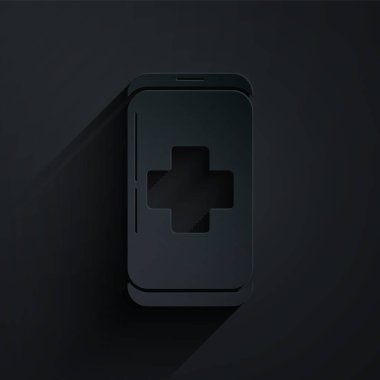 Gazete, siyah arka planda hastane ikonuna acil durum telefonu araması yaptı. Kağıt sanatı tarzı. Vektör İllüstrasyonu