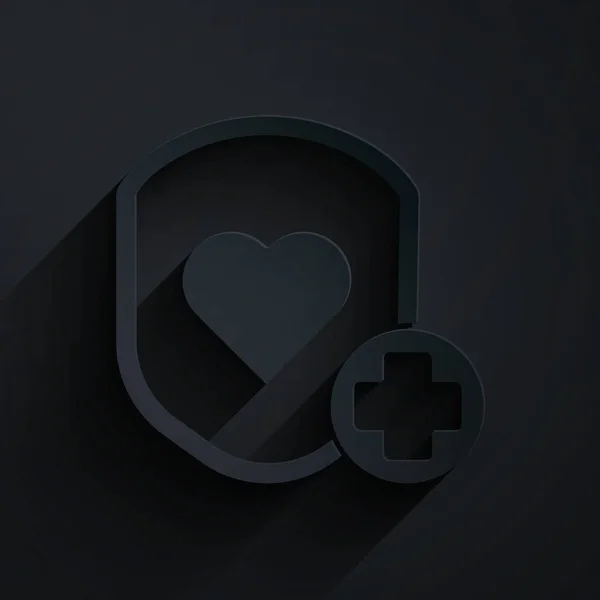 Escudo Corte Papel Icono Frecuencia Cardíaca Aislados Sobre Fondo Negro — Vector de stock