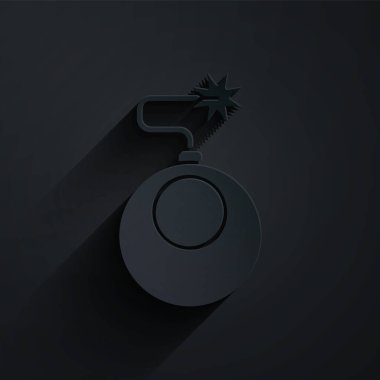 Kağıt kesiği Bomba, siyah arka planda izole edilmiş ikonu patlatmaya hazır. Kağıt sanatı tarzı. Vektör İllüstrasyonu