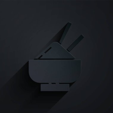 Kâğıt, siyah arka planda izole edilmiş çubuk ikonu olan bir kasede pirinç kesiyor. Geleneksel Asya yemekleri. Kağıt sanatı tarzı. Vektör İllüstrasyonu