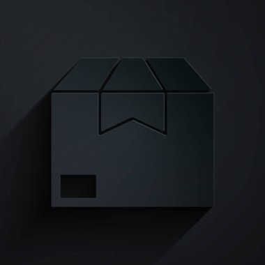 Kağıt kesiği karton kutu simgesi siyah arkaplanda izole edilmiş. Kutu, paket, paket işareti. Teslimat ve ambalaj. Kağıt sanatı tarzı. Vektör İllüstrasyonu