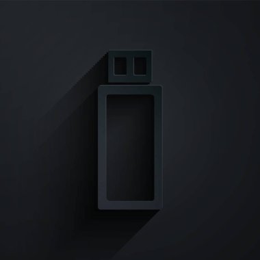 Kağıt kesikli USB flash disk simgesi siyah arkaplanda izole edildi. Kağıt sanatı tarzı. Vektör İllüstrasyonu