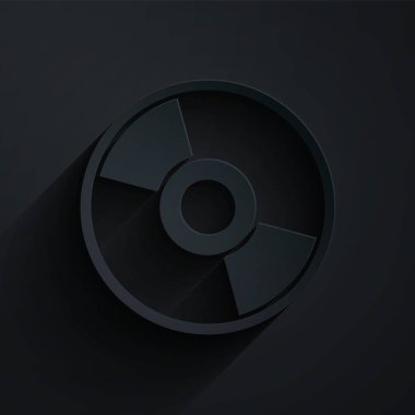 Kağıt kesme CD veya DVD disk simgesi siyah arkaplanda izole edildi. Küçük disk işareti. Kağıt sanatı tarzı. Vektör İllüstrasyonu