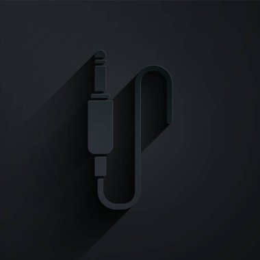 Kağıt kesiği Ses Jack simgesi siyah arkaplanda izole edildi. Bağlantı ses ekipmanları için ses kablosu. Fiş kablosu. Müzik aleti. Kağıt sanatı tarzı. Vektör İllüstrasyonu