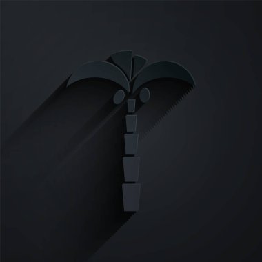 Kağıt kesiği Tropikal palmiye ağacı simgesi siyah arkaplanda izole edilmiş. Hindistan cevizi palmiyesi. Kağıt sanatı tarzı. Vektör İllüstrasyonu