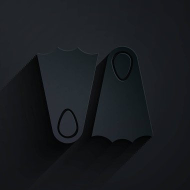 Kağıt kesiği, siyah arka planda izole edilmiş yüzme ikonu için plastik yüzgeçler. Dalış ekipmanları. Olağanüstü bir spor. Spor malzemeleri. Kağıt sanatı tarzı. Vektör İllüstrasyonu