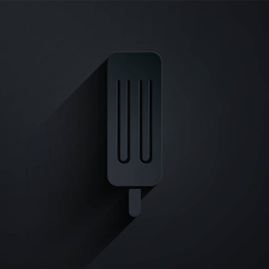 Kağıt kesikli dondurma ikonu siyah arka planda izole edilmiş. Güzel sembol. Kağıt sanatı tarzı. Vektör İllüstrasyonu