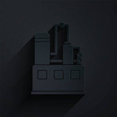 Kağıt kesiği, siyah arka planda izole edilmiş petrol ve gaz endüstriyel yapı ikonu. Kağıt sanatı tarzı. Vektör İllüstrasyonu