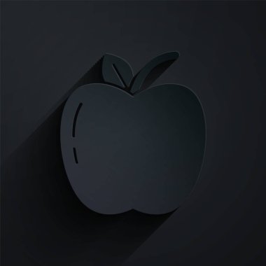 Kağıt kesiği Apple simgesi siyah arkaplanda izole edildi. Yaprak sembollü meyve. Kağıt sanatı tarzı. Vektör İllüstrasyonu