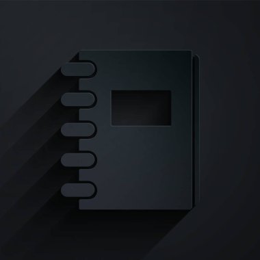 Kağıt kesiği Not Defteri simgesi siyah arkaplanda izole edildi. Spiral not defteri simgesi. Okul defteri. Yazı tahtası. Okul günlüğü. Kağıt sanatı tarzı. Vektör İllüstrasyonu