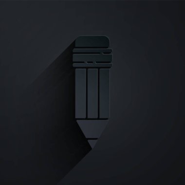 Siyah arkaplanda silgi simgesiyle kağıt kesiği. Çizim ve eğitim araçları. Okul sembolü. Kağıt sanatı tarzı. Vektör İllüstrasyonu