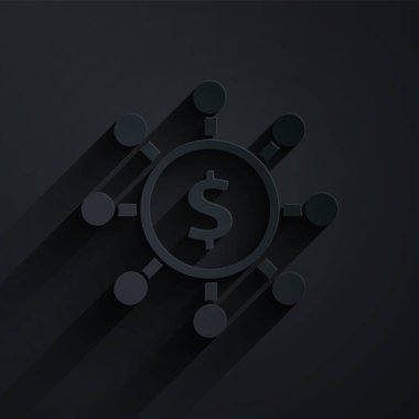 Kağıt kesiği Dolar, paylaşım, ağ simgesi siyah arkaplanda izole. Kağıt sanatı tarzı. Vektör İllüstrasyonu