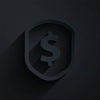 Kağıt kesiği Shield. Siyah arka planda dolar sembolü simgesi var. Güvenlik kalkanı koruması. Para güvenliği konsepti. Kağıt sanatı tarzı. Vektör İllüstrasyonu