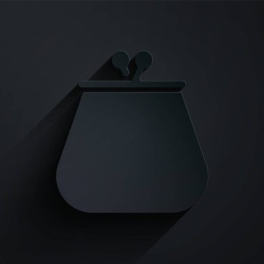 Kağıt kesiği Cüzdan simgesi siyah arkaplanda izole. Çanta ikonu. Nakit tasarruf sembolü. Kağıt sanatı tarzı. Vektör İllüstrasyonu