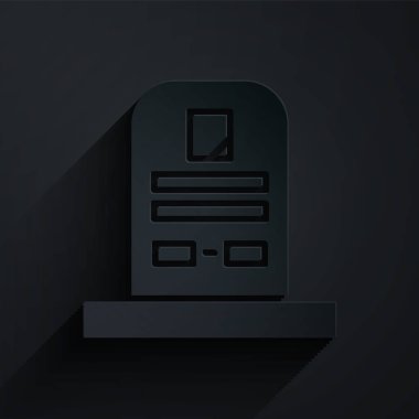 Kağıt kesiği Tombstone ve üzerinde Rip yazılı simgesi siyah arkaplanda izole. Mezar ikonu. Kağıt sanatı tarzı. Vektör İllüstrasyonu