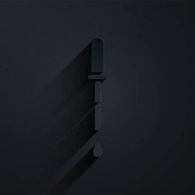 Kağıt kesiği Pipette simgesi siyah arkaplanda izole edilmiş. Tıbbi elementler, kimya laboratuarı ekipmanları. Damlalı boru. Tıp sembolü. Kağıt sanatı tarzı. Vektör İllüstrasyonu