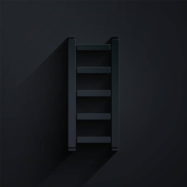 Kağıt kesikli yangın merdiveni simgesi siyah arkaplanda izole edildi. Pompier merdiveni. İtfaiyeciler merdiveni sırıkla tırmanır. Kağıt sanatı tarzı. Vektör İllüstrasyonu