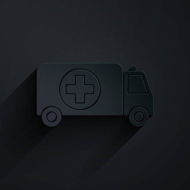 Kağıt kesiği ambulans ve acil durum arabası simgesi siyah arka planda izole edildi. Ambulans aracı tıbbi tahliye. Kağıt sanatı tarzı. Vektör İllüstrasyonu