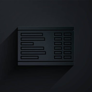 Kağıt kesiği hava alanı simgesi siyah arkaplanda izole edildi. Mekanik skor tabelası. Havaalanındaki reklam panosundaki uçuş bilgileri. Kağıt sanatı tarzı. Vektör İllüstrasyonu