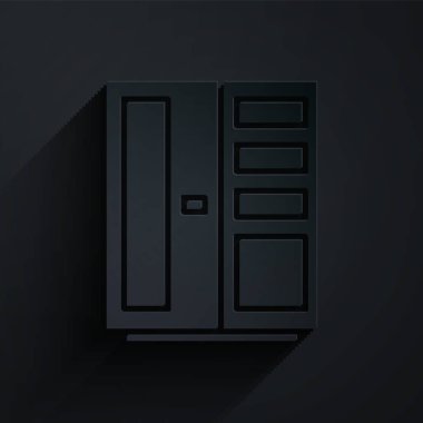 Kağıt kesiği Gardırop simgesi siyah arka planda izole edildi. Kağıt sanatı tarzı. Vektör İllüstrasyonu