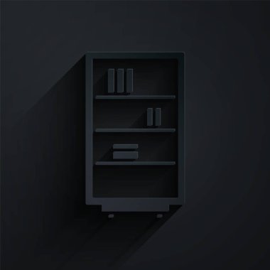 Kağıt kesimi Kütüphane kitaplığı simgesi siyah arkaplanda izole edildi. Kağıt sanatı tarzı. Vektör İllüstrasyonu