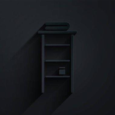 Kağıt kesikli tuvalet rafı ve siyah arka planda izole edilmiş havlu ikonu rafları. Banyo içi için mobilya. Kağıt sanatı tarzı. Vektör İllüstrasyonu