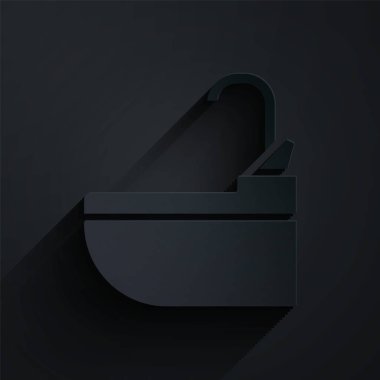 Kağıt kesiği, siyah arka planda su musluğu simgesi olan lavabo. Kağıt sanatı tarzı. Vektör İllüstrasyonu