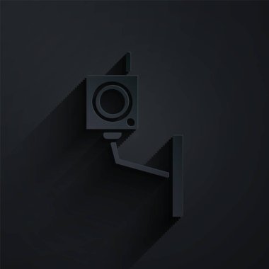 Kağıt kesilmiş kamera simgesi siyah arkaplanda izole edilmiş. Kağıt sanatı tarzı. Vektör İllüstrasyonu