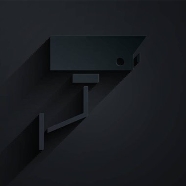 Kağıt kesilmiş kamera simgesi siyah arkaplanda izole edilmiş. Kağıt sanatı tarzı. Vektör İllüstrasyonu