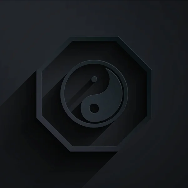 Papier Wyciąć Yin Yang Symbol Harmonii Równowagi Ikony Izolowane Czarnym — Wektor stockowy