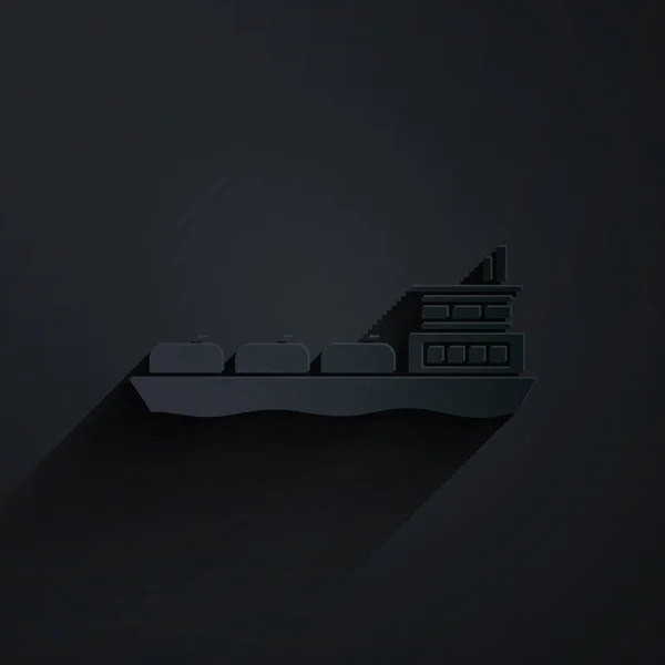 Papiergeschnittenes Öltankschiff Symbol Isoliert Auf Schwarzem Hintergrund Papierkunst Vektorillustration — Stockvektor